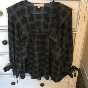 Ruffled button front plaid blouse!